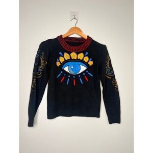 Kenzo Paris 100% wool  Eye Embroidered Knit Sweater Black Red Pullover S